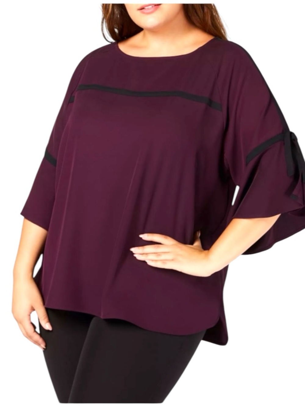Calvin Klein blouse  wine/ plum color, black contrast trim, tiered bell sleeves